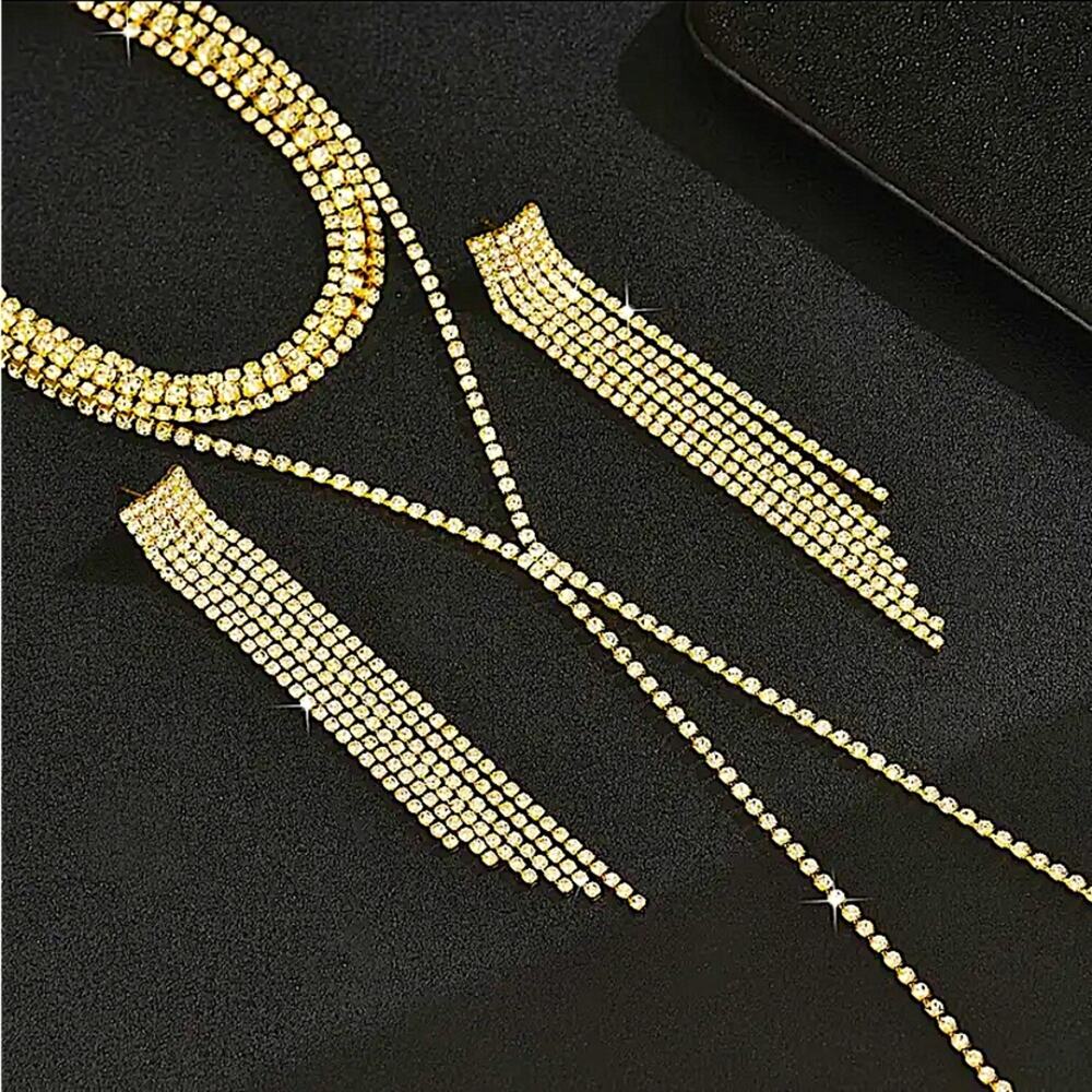 Gold Crystal Y Lariat Choker Matching Earrings Rhinestone Necklace New … - Picture 2 of 4
